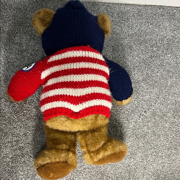 Vintage 1990s Celebrate USA Teddy Bear Plush Red White Blue Knit Sweater Hoodie - Picture 3 of 4